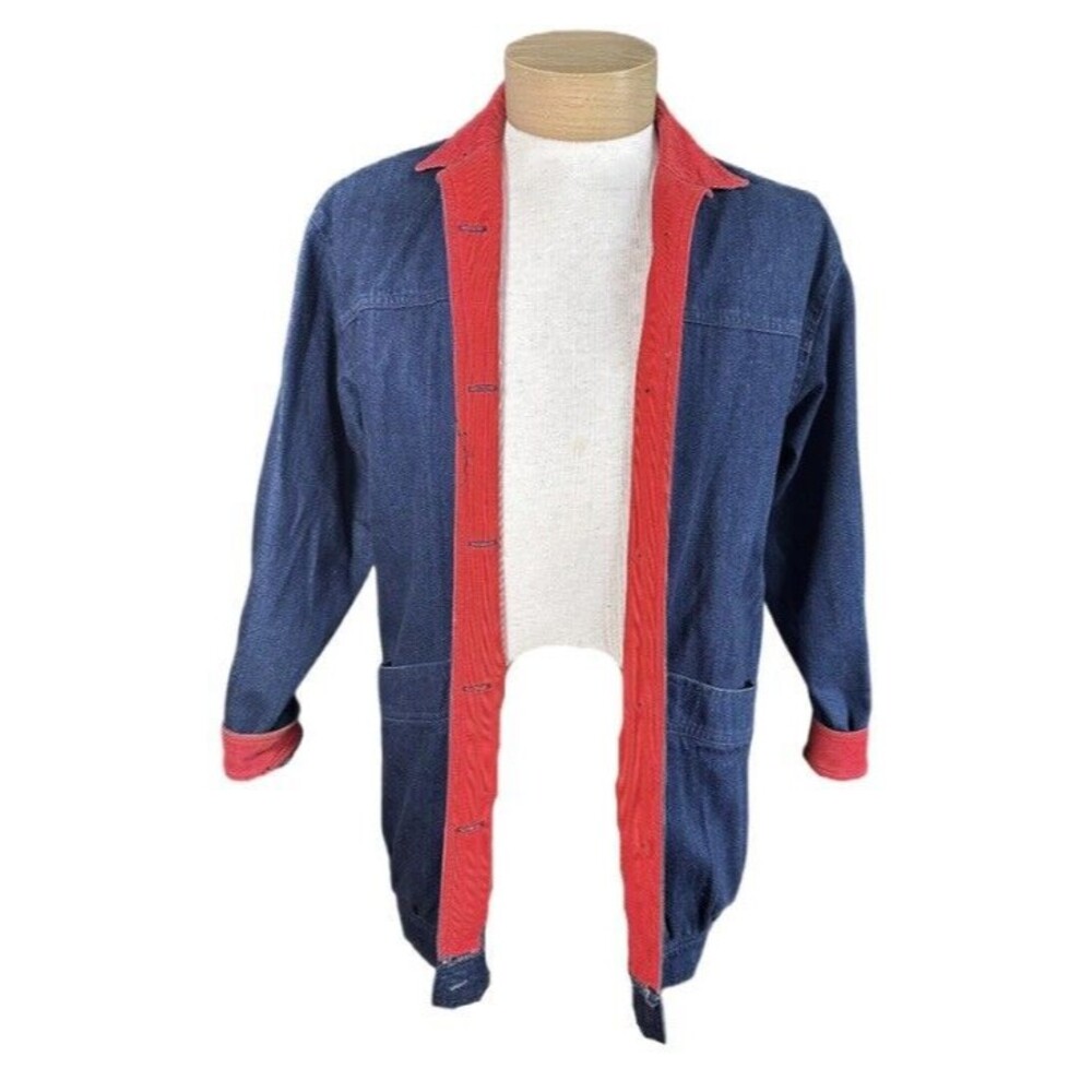 Vintage Lightweight Denim Chore Jacket With Red Corduroy Collar And Cuffs